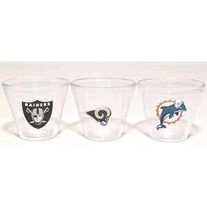3 Mini Shot Glasses (Clear Plastic) NFL RAIDERS RAMS Dolphins #S002